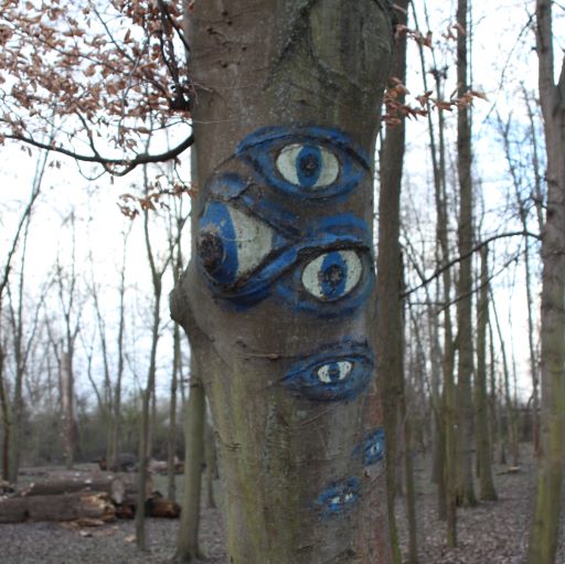 Foto von einem Baum, auf dem große Augen aufgemalt sind.